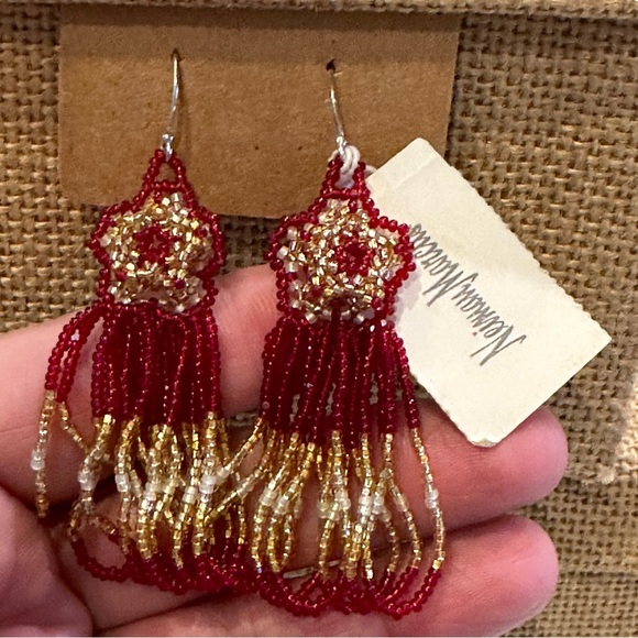 NWT Gorgeous Seed Bead Earrings by Neiman Marcus, flower w/ dangles red & gold - Picture 1 of 9